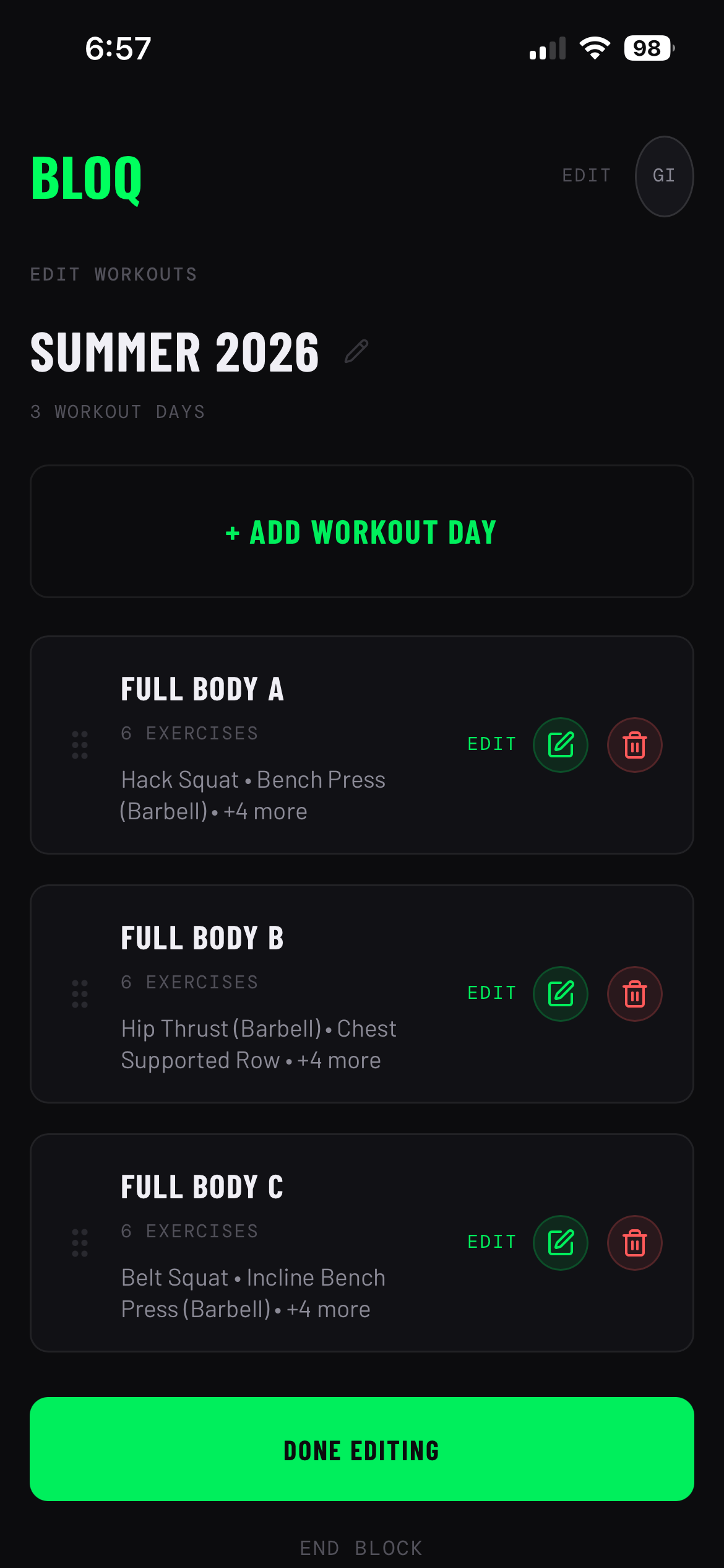 BLOQ Training block editor showing Summer 2026 with Full Body A, Full Body B, and Full Body C workout days